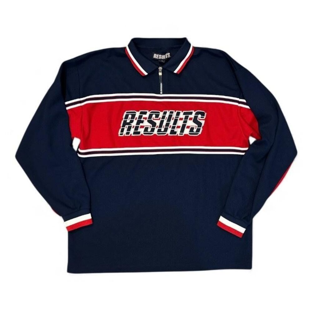 Vintage Results Pullover Mens XL Blue Red Quarter Zip Rugby Shirt Athletic 90s